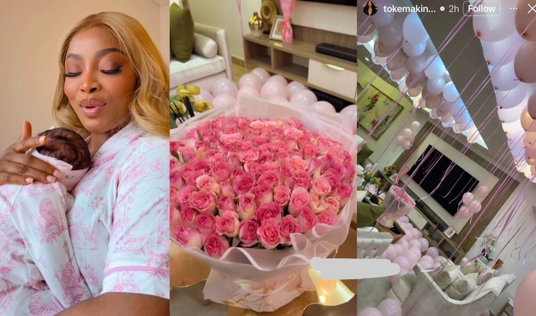 Nigeria’s Media Darling Toke Makinwa Welcomed with 100 Pink Roses as She Returns Home with Baby Girl