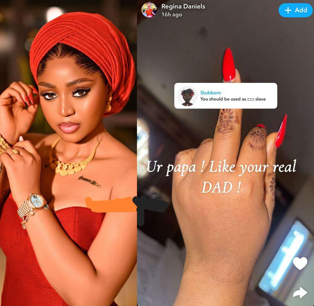‘Your Papa!’ – Regina Daniels Fires Back at Troll Who Said She Should Be a sex Slave