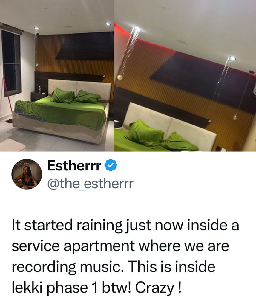 “Rain Inside the Room?” – Singer Estherrr Shares Shocking Experience at Lekki Service Apartment