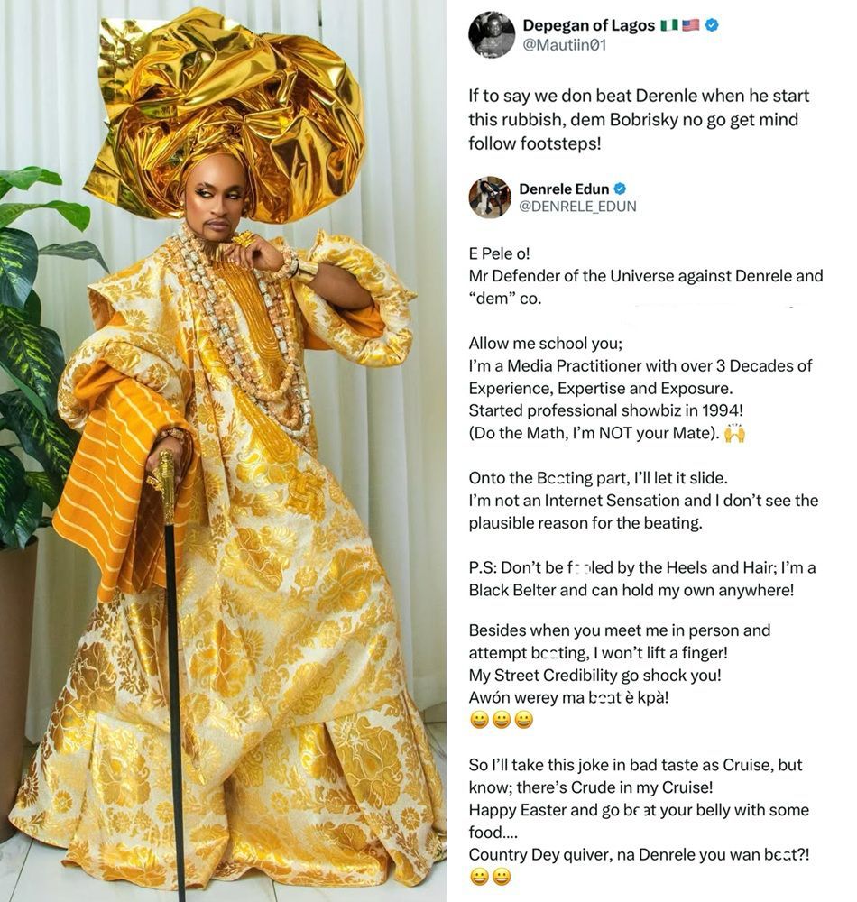 “I’ll Take This Joke in Bad Taste as Cruise” – Denrele Responds to Online Gossip Over Gold-Themed Outfit
