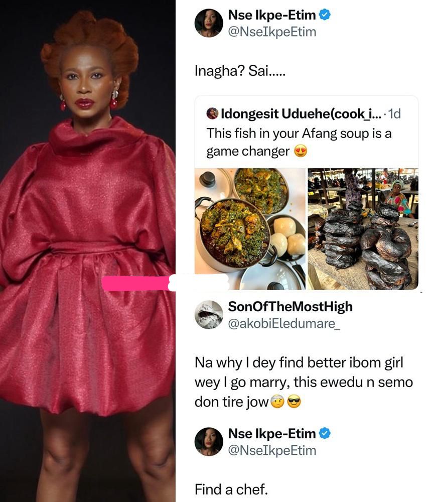 Nse Ikpe-Etim's Hilarious Response to a Man Searching for an Akwa Ibom Wife Over Cooking Goes Viral