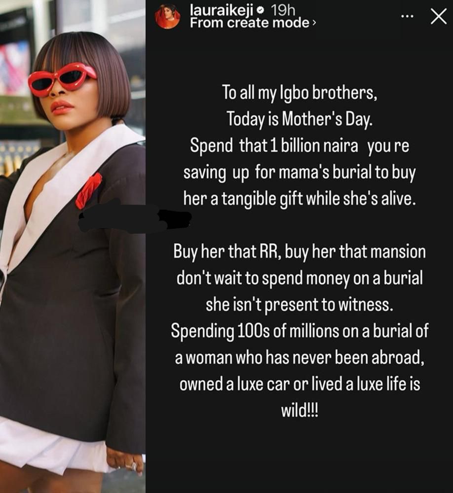 Give Your Mother Flowers While She’s Alive – Laura Ikeji Urges Igbo Sons