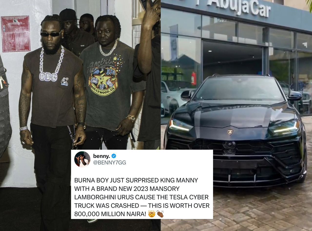 Burna Boy Surprises Close Associate King Manny with a Lamborghini After Cybertruck Crash