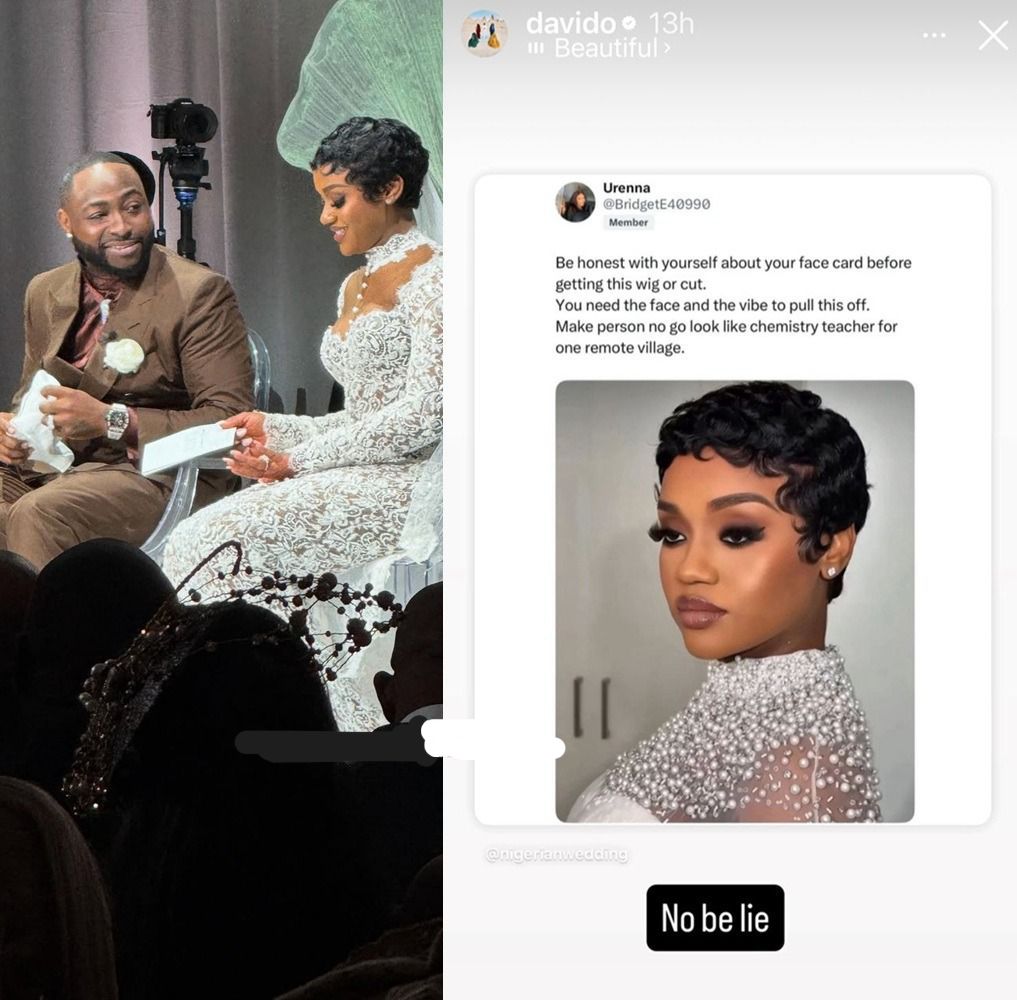 “No Be Lie” – Davido Reacts to Viral Post About Women Trying to Recreate Chioma’s Wedding Hairstyle