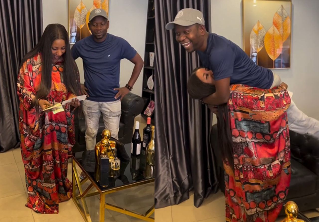 “She Carried Him Like a Baby!” — Mide Martins Lifts Husband Afeez Owo in Viral Birthday Surprise Over Pounds Gift