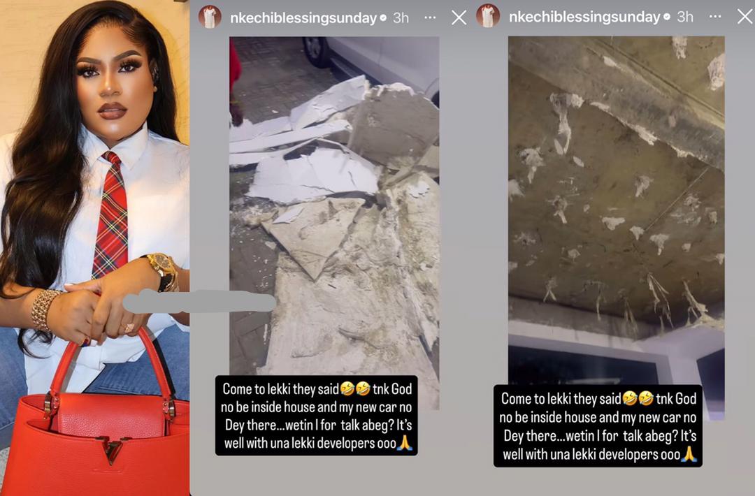 Panic in Lekki: Actress Nkechi Blessing Narrowly Escapes Disaster as POP Ceiling Collapses in Her Home