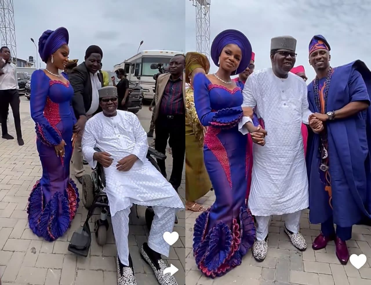 Timeless Elegance Meets Modern Glam: Priscilla Ojo and Juma Jux Pose with Music Legend Ebenezer Obey at Their Star-Studded Wedding