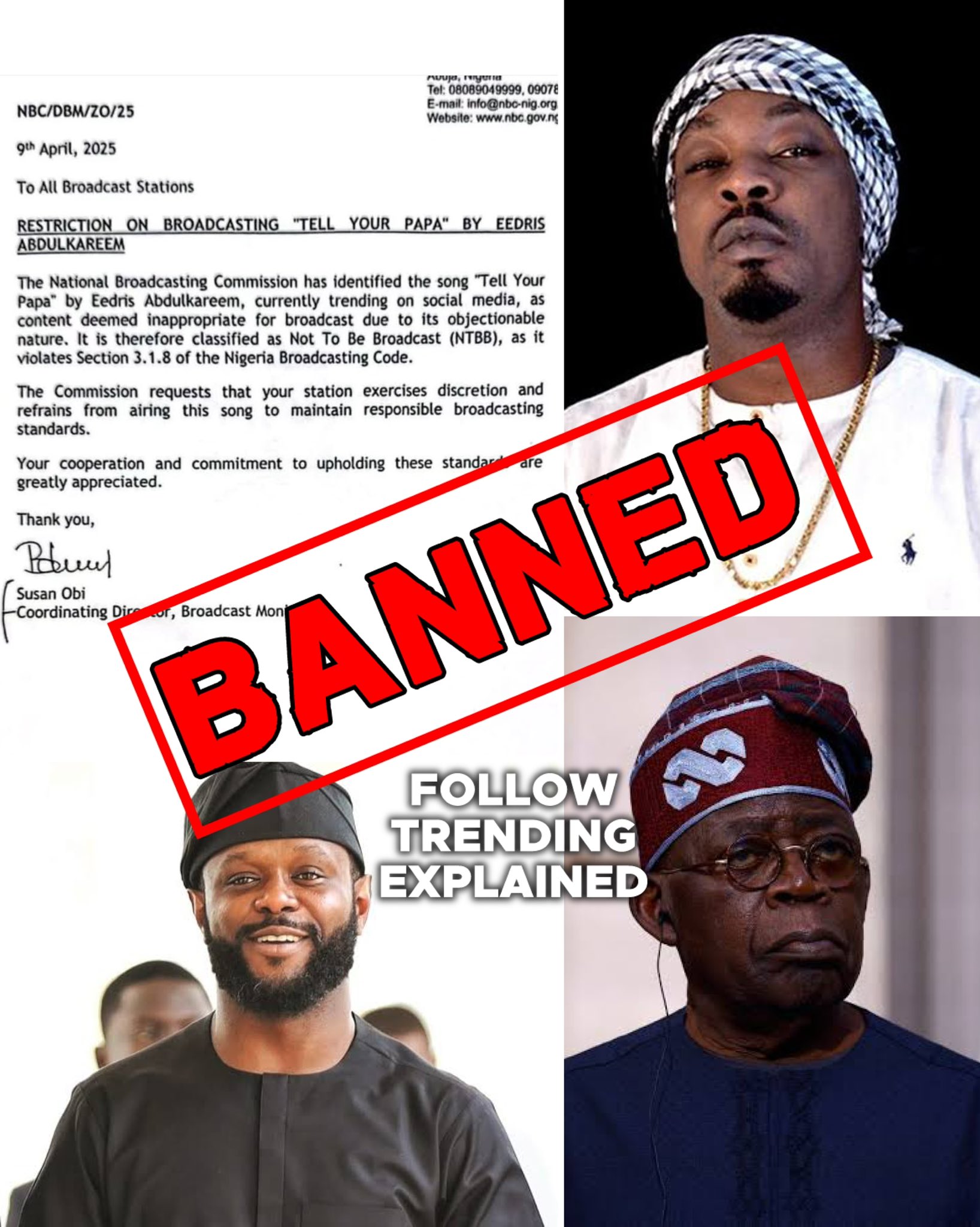 NBC Bans Eedris Abdulkareem’s ‘Tell Your Papa’ Song on April 10, Raising Free Speech Concerns in Nigeria